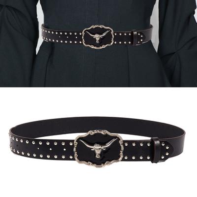 Waist Belt Engraved Buckle for Cowboy Cowgirl with Longhorn Vintage Belt Hot Girl WaistChain Studded Sexy Oversize Belt