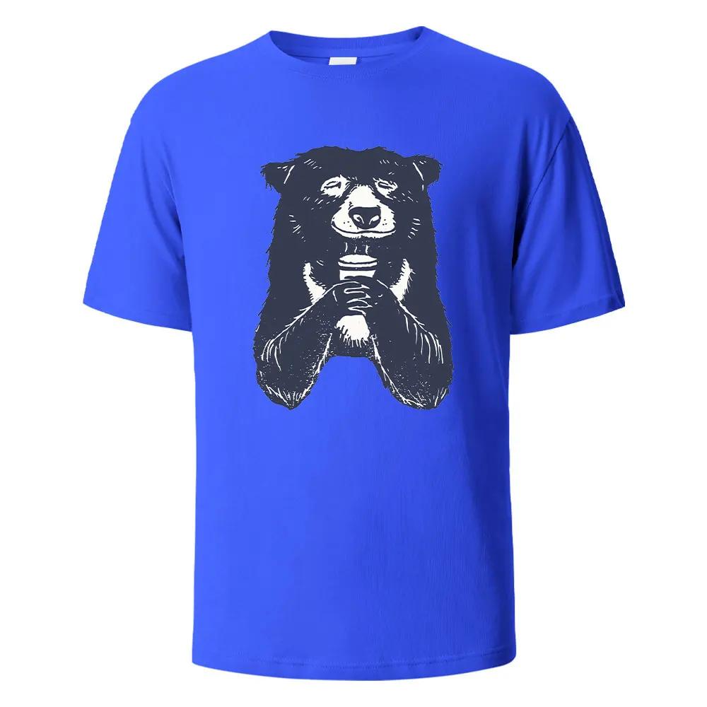 T-shirt à Imprimé Ours Buvant T-shirts d'Été Pour Hommes Femmes 100% Coton Col Rond Surdimensionné Décontracté Manches Courtes Streetwear Haut Basique