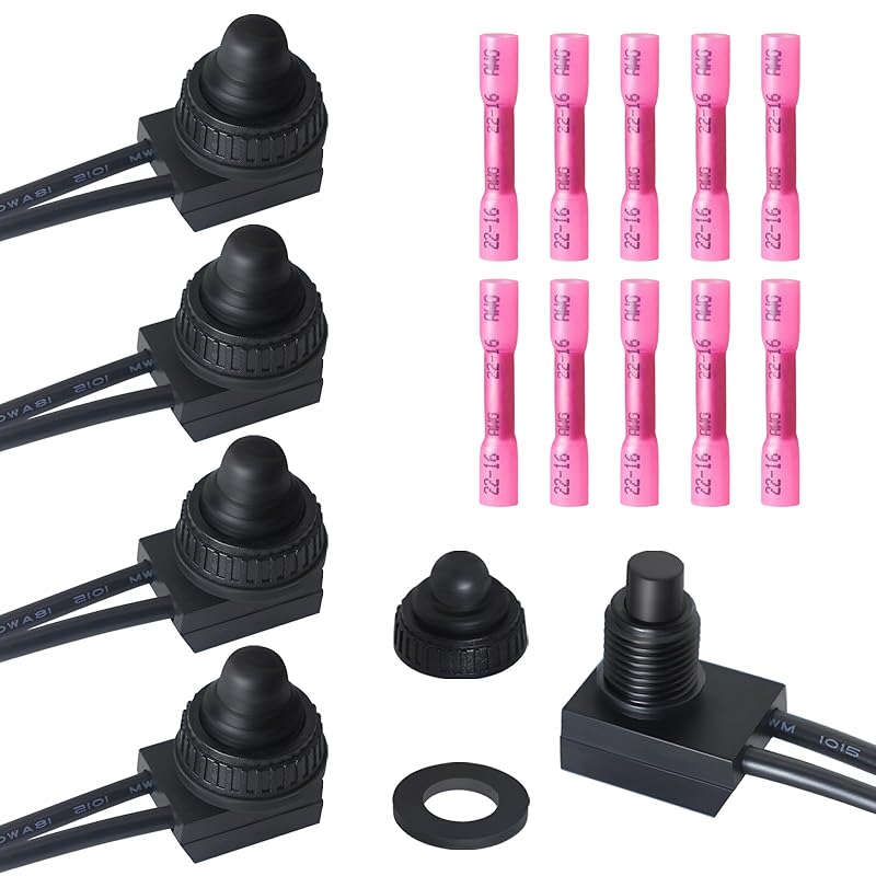 2PCS Waterproof Switch 12v, ON/Off SPST Waterproof Push Button Switch with 4.6 inch Lines for Auto, Motorcycle, RV, ATV and Boat (Black) KP-107