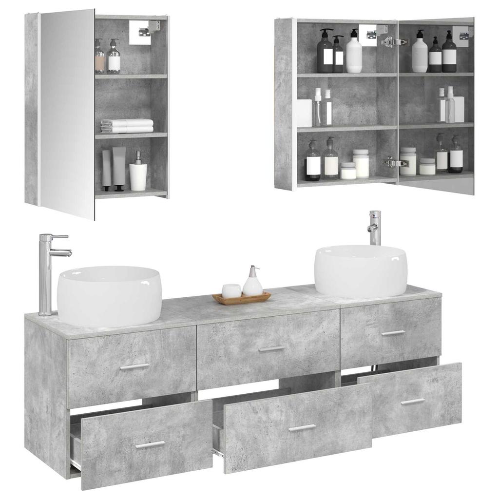 5 Piece Bathroom Furniture Set Concrete Grey Engineered Wood and Glass