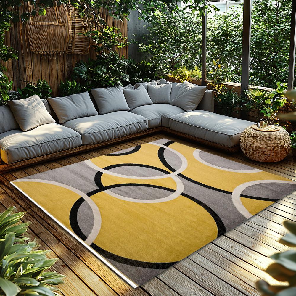 Yellow Gray Geometric Bohemian Rug, Interlocking Circle Pattern Non-Slip Carpet, Modern Living Room Mat for Artistic Decor