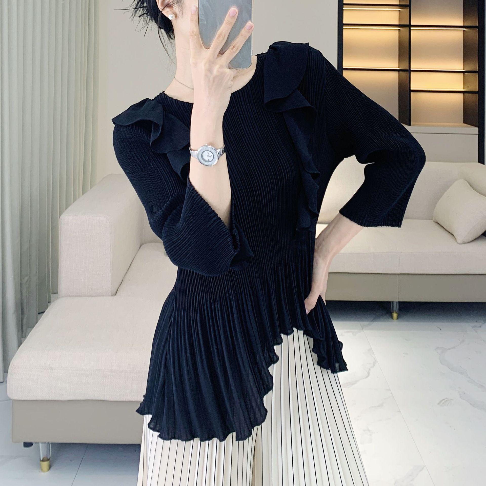 

Элегантный женский топ с оборками и плиссировкой - Весна/Лето Однотонный Универсальный Модный One Size (90-150 jin) чёрный