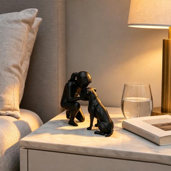 3D Printed Women Dog Figurine, Girls Pet Friendship Decorative Statue Sculpture for Living Room Home Office Shelf, Gift for Dog Lovers