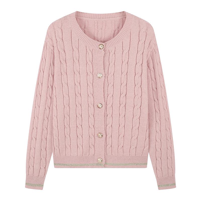 European & American Style Cable Knit Cardigan - Casual Round Neck, Solid Color, Button-Up. 2XL