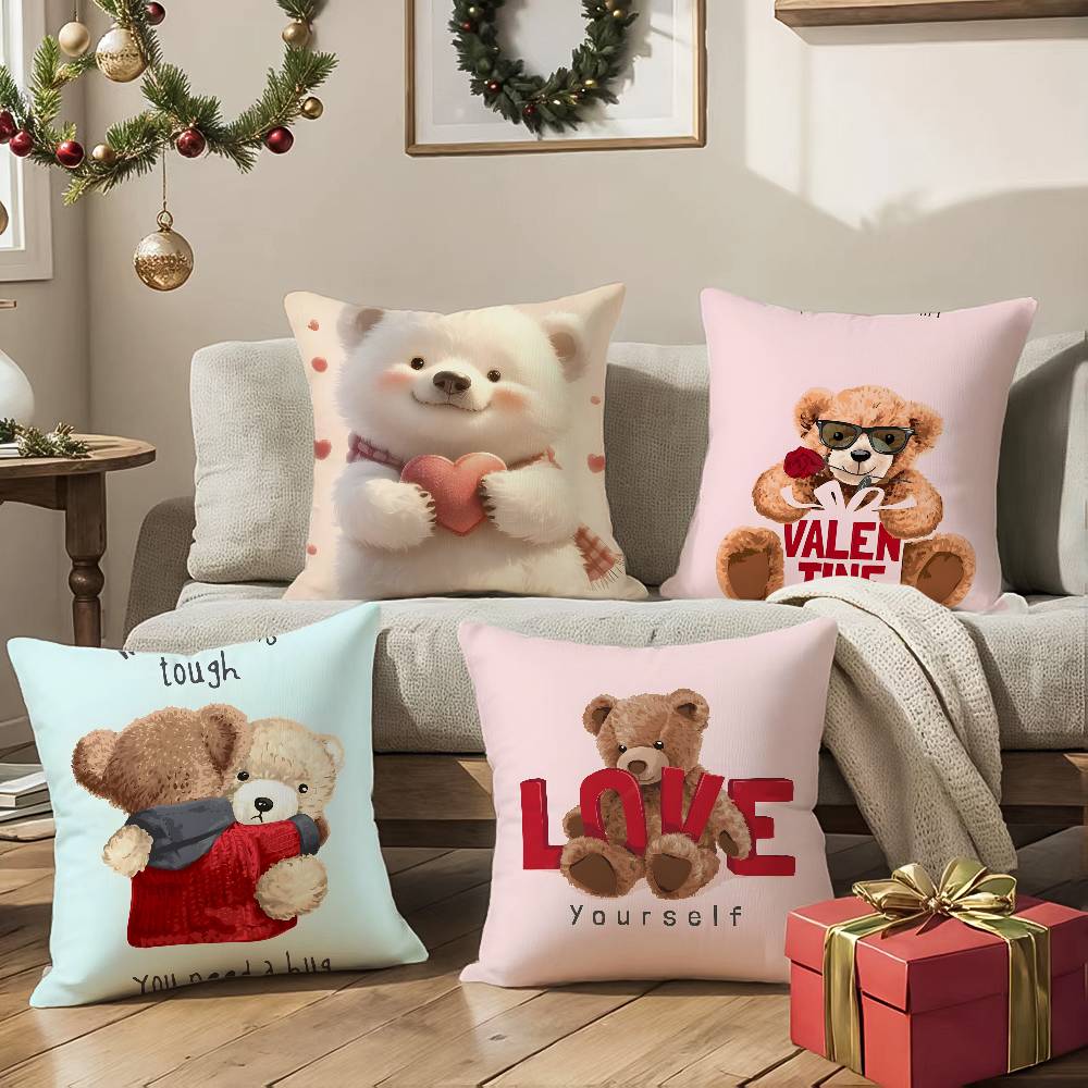 Love Family Companionship Teddy Bear Pillow Case Comfort Sofa Bed Silky Elegant Invisible Zipper Decorative Cushion Cover