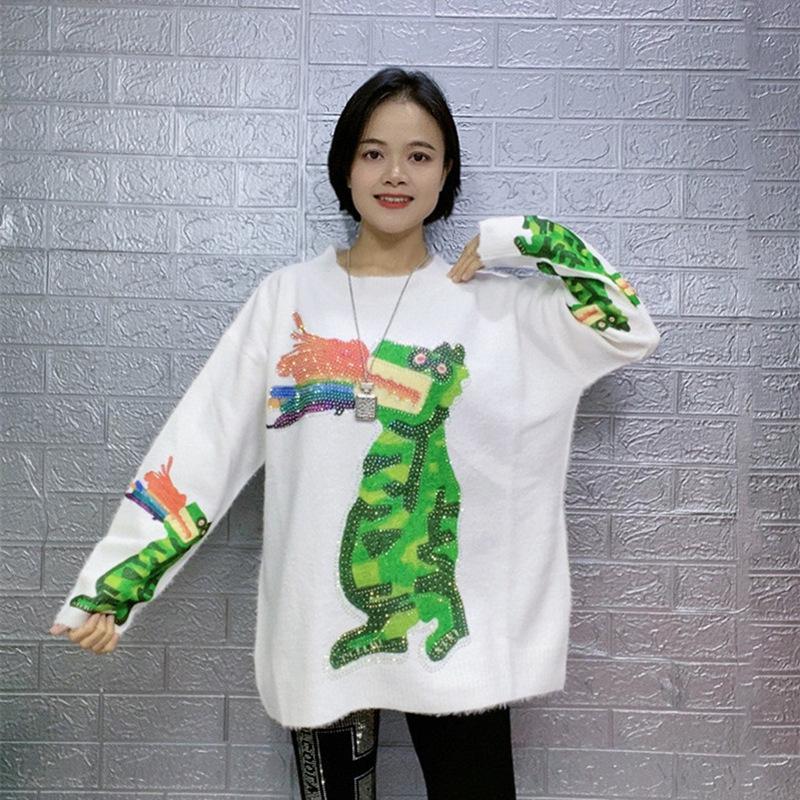 Plus Size Cartoon Rhinestone Knitwear - Cozy Korean Style Sweater for Women