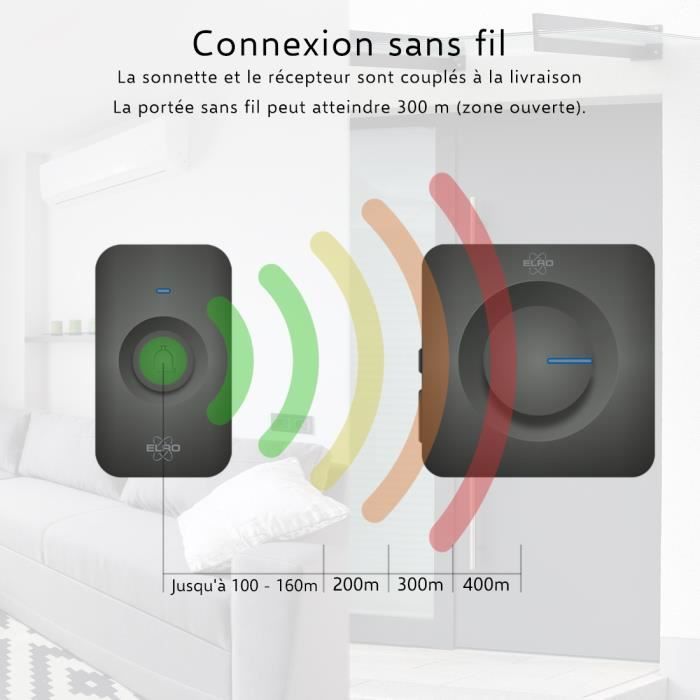 Sonnette de porte sans fil ELRO DB3000 - 2x Récepteur Plug-in - 64 Mélodies - Distance sans fil : 300m - Noir
