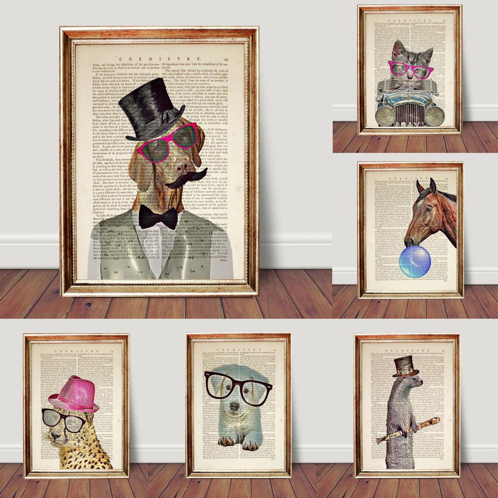 Vintage Funny Animals In Newspaper Art Poster Canvas Painting Puppy Pet Cat Horse Wall Art Pictures Gift Home Decor