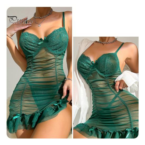2 Pcs/Set Nightdress Panties Set Spaghetti Strap Backless Sleeveless Nightwear Pleated Transparent Mesh Bow Ruffle Dress Sleepwear Set G-string Set
