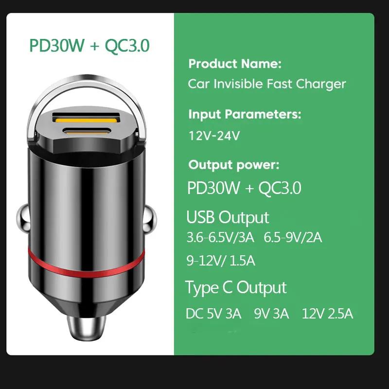 100W Dual Ports Mini USB Car Charger Super Fast Charging Aluminum Alloy Phone Charge Adapter Cigarette Socket Lighter 12-24V