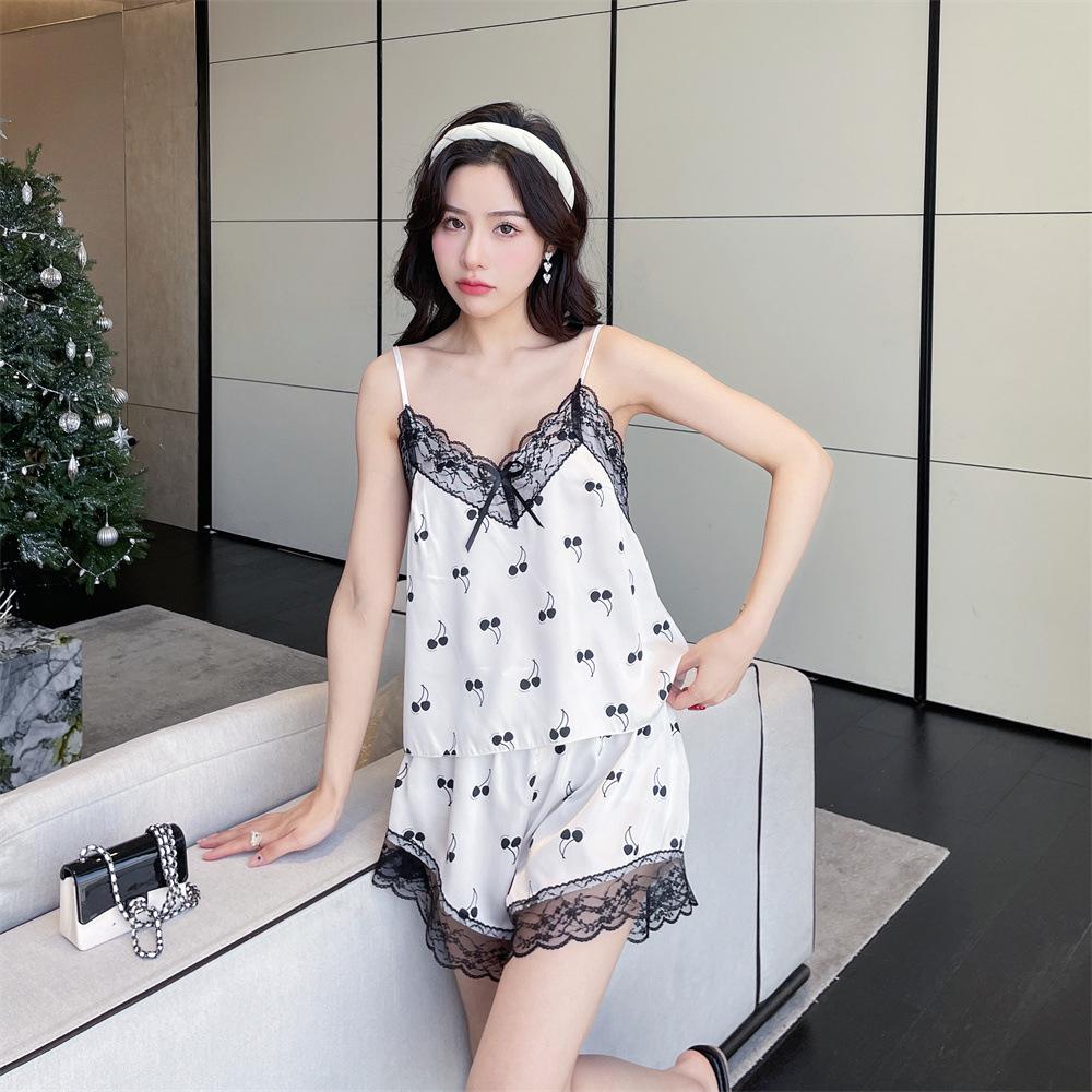 Pajamas Women's Spring and Summer New Ice and Snow Silk Thin Sweet and Cute Short Hanging Shorts Two-piece Set Lace Printing Set
