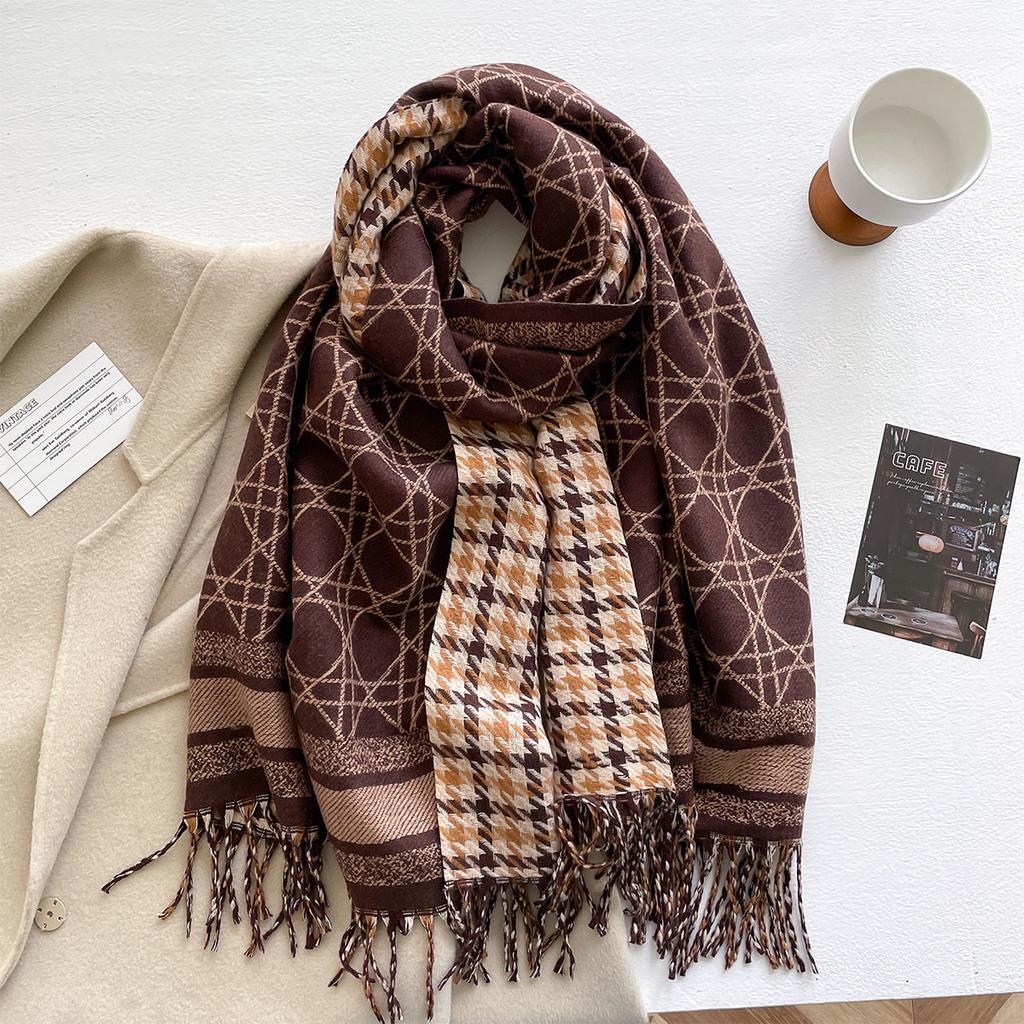 Autumn and winter new geometric thousand bird grid double-sided imitation cashmere scarf women's thickened warm shawl travel photo scarf