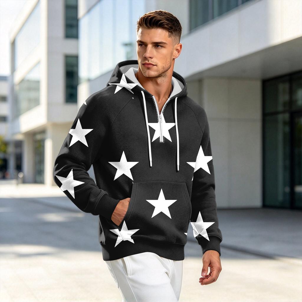Men's Fall Print Zip-Up Hoodie, Casual Loose Fit Long Sleeve Sweatshirt Top