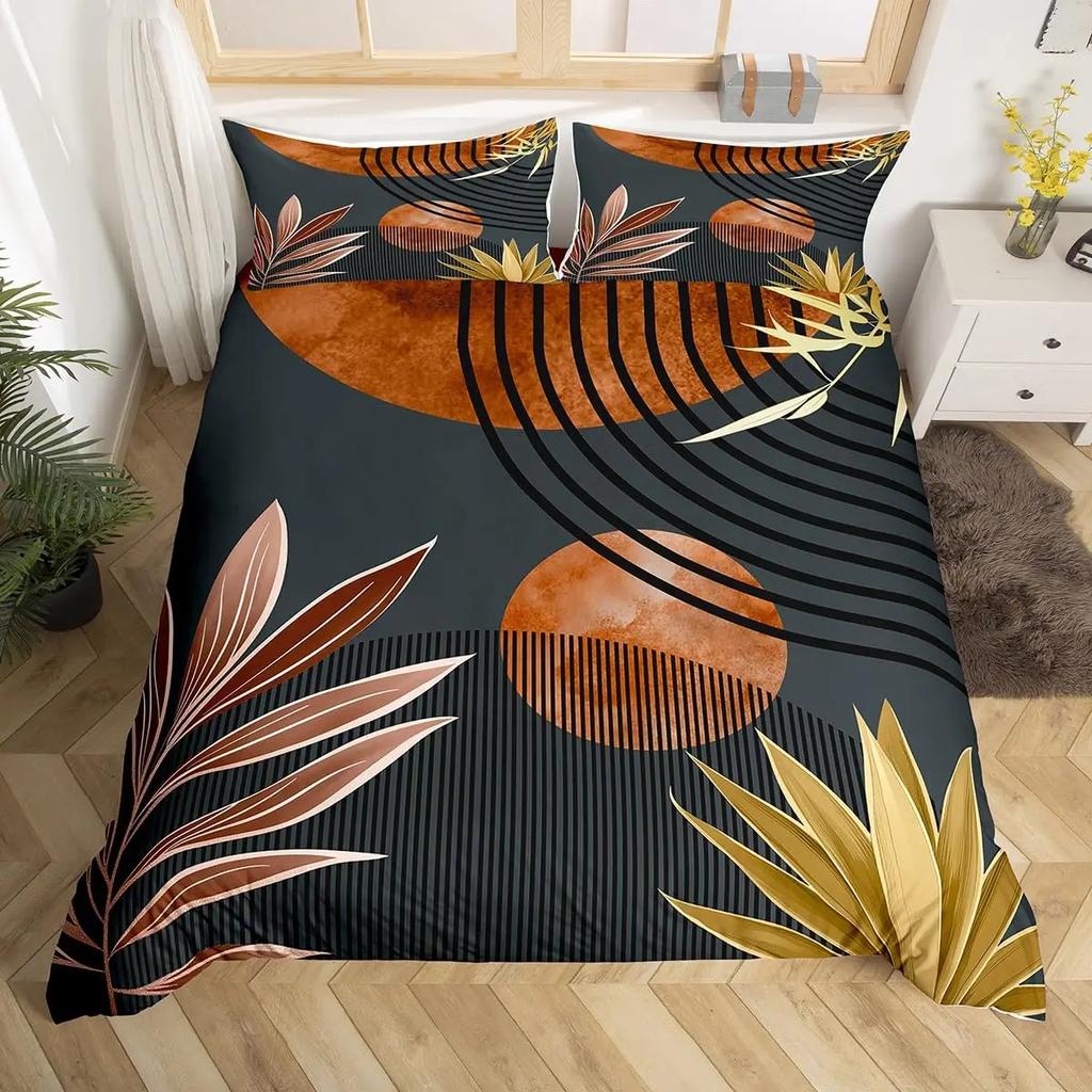 Mid Century Boho Duvet Cover Full,Abstract Art Simple Comforter Cover Minimalist Tropical Palm Leaves Bedding Set For Kids Adult