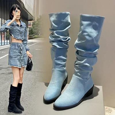 Modische Schuhe Damen 2024 Mode Ärmel Damenstiefel Herbst Spitzzehen Denim Einfarbig Hoher Schaft Klobige Absätze Große Größe Westernstiefel
