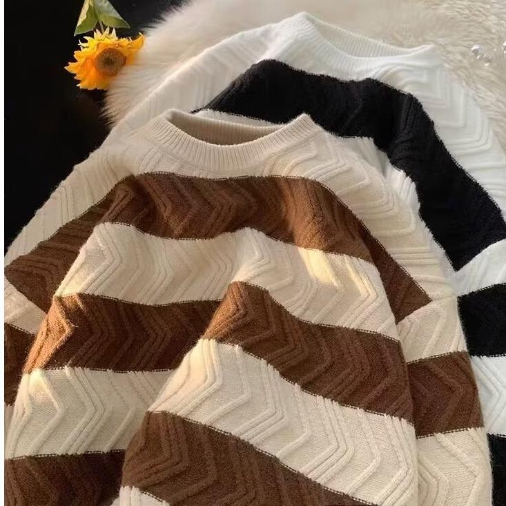 Unisex Korean Wave Stripe Color Block Sweater - Autumn/Winter Loose Knitwear, Hong Kong Style Cable Knit Round Neck. XL