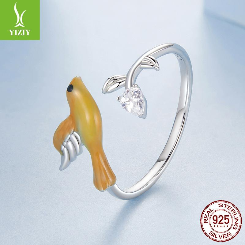 Cute Yellow Warbler Open Ring S925 Sterling Silver Simple Temperament Versatile Bird Ring