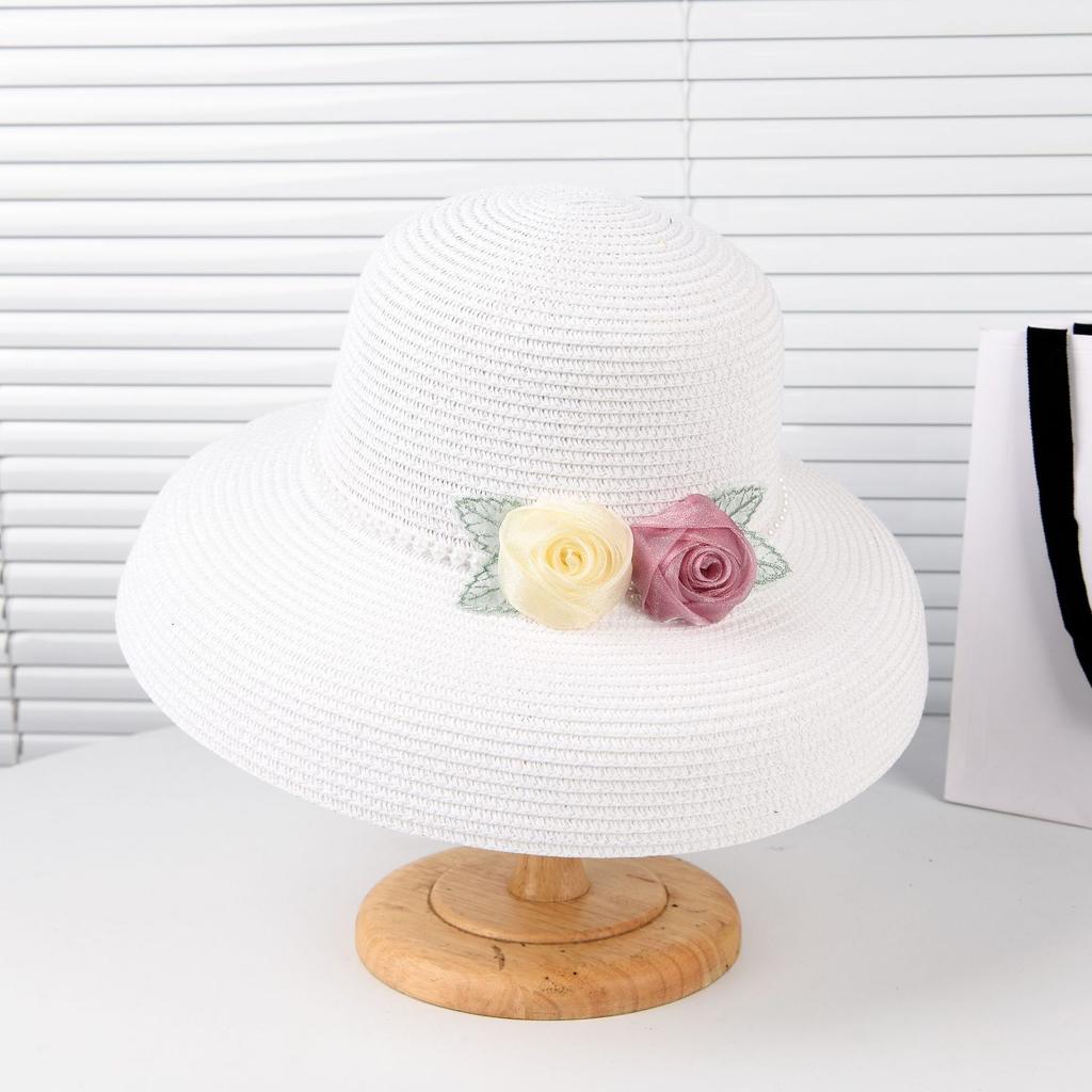 Hepburn Style Straw Hat Summer Elegant Straw Top Hat Seaside Beach Sun Hat Sun Protection Pearl Big Edge Hat