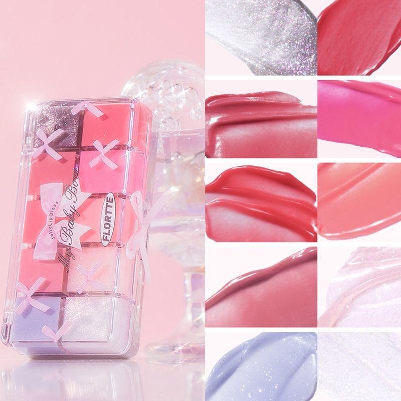 FLORTTE 10-Color Lip Palette Multifunctional Lip Gloss & Lipstick Moisturizing Pigmented Easy to Apply for Glossy Lips