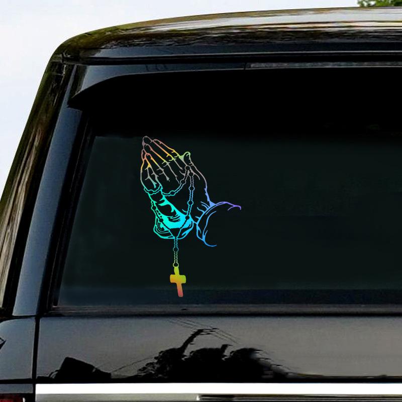 Custom Cross and Rosary Gesture Waterproof Car Decal for Rear Window Decoration