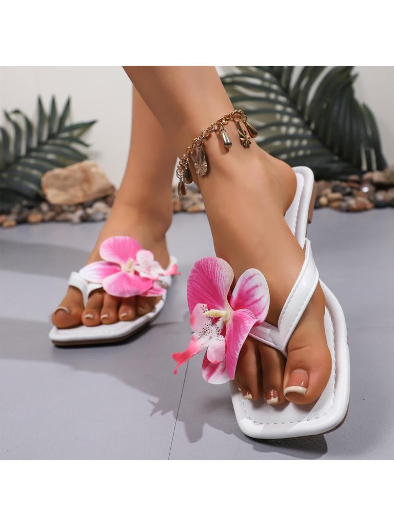 Clip Zehen Blume Dekor Sommer Hausschuhe für Damen Weiß Komfort Rutschfest Strand Flip Flops Frau Mode Eckige Zehen Flache Sandalen
