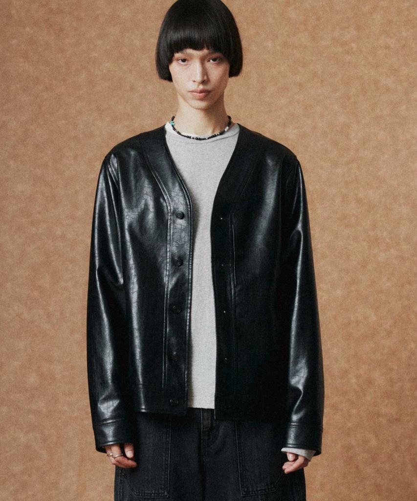 Wmc Collarless Fox Leather Jacket_Black