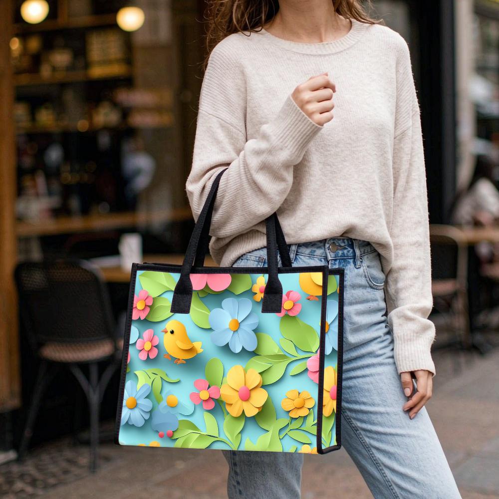 Cute Floral Chick Print Tote Bag Casual Lightweight Durable Shopping Handbag for Daily Outings