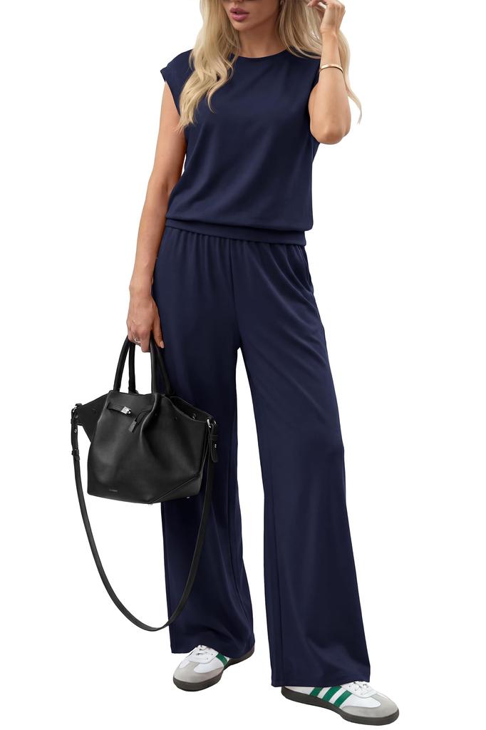 Ladies' Casual  Color Knitted Short Sleeved Round Neck Top And Wide Leg Pants Set