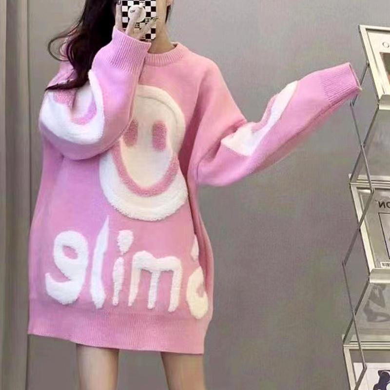 Zimowy damski, zagęszczony, ciepły, uśmiechnięty sweter, luźna, dorywczo, damska koszula dziergana, wokół szyi, top damski