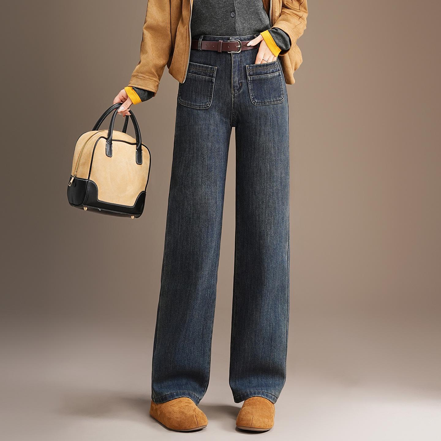 2025 Winter Style Plus Velvet High-Waist Wide-Leg Jeans for Women – Korean, Retro, and Versatile Straight-Leg Casual Pants L