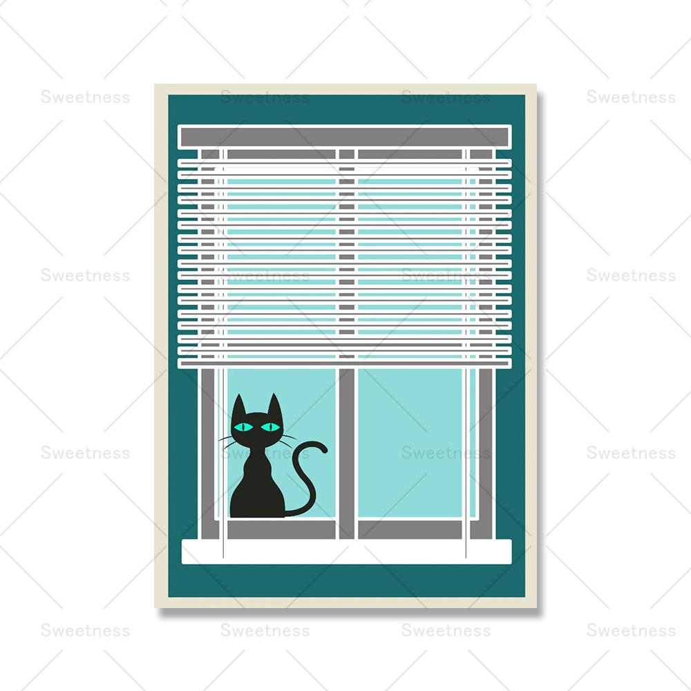 Lustige Katzen Mid Century Poster und Drucke Leinwand Malerei Schwarze Katze Wandbilder für Wohnzimmer Katzenliebhaber Geschenk Home Decoration Kein Rahmen