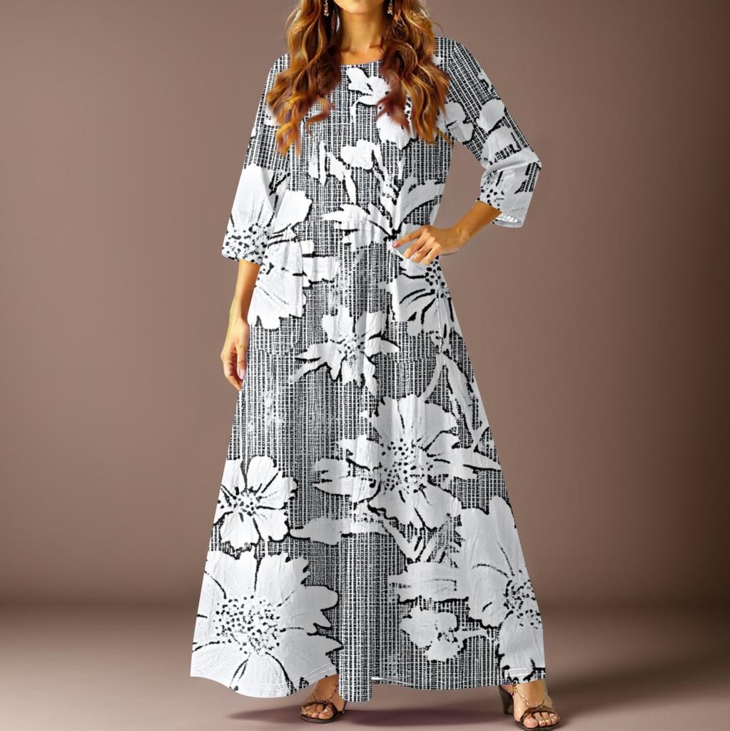 Women's Casual Fashion Floral Print Three-quarter Sleeve Long Dress With Pockets