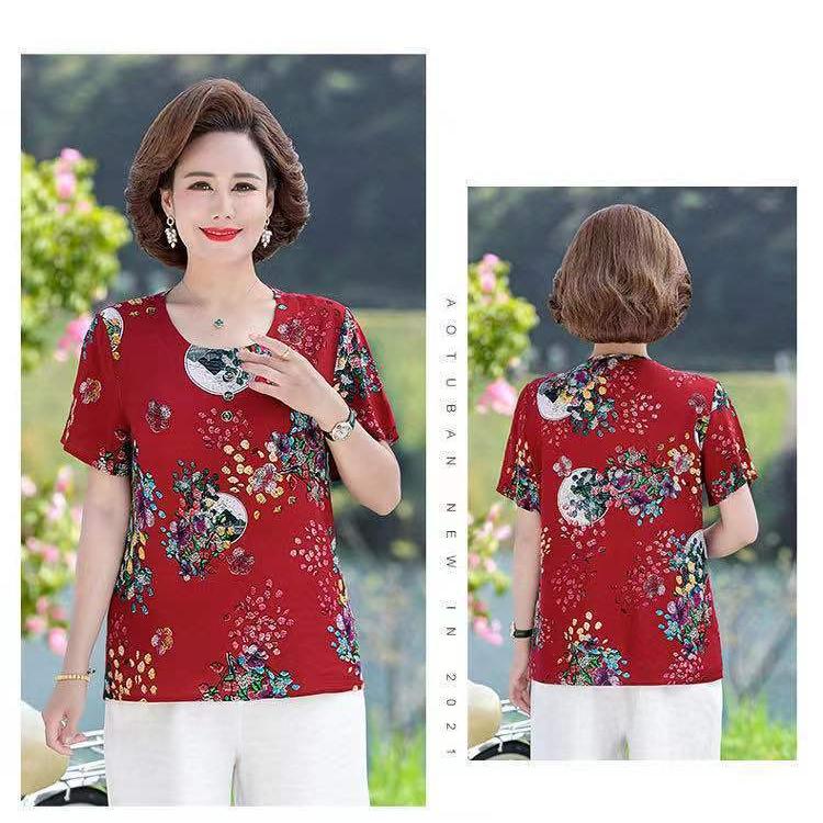 Dámské krátkorukávové s velkým potiskem Ledové hedvábí Krátkorukávové Volné Velké Velikosti Top Trhané Květiny Sto Triček