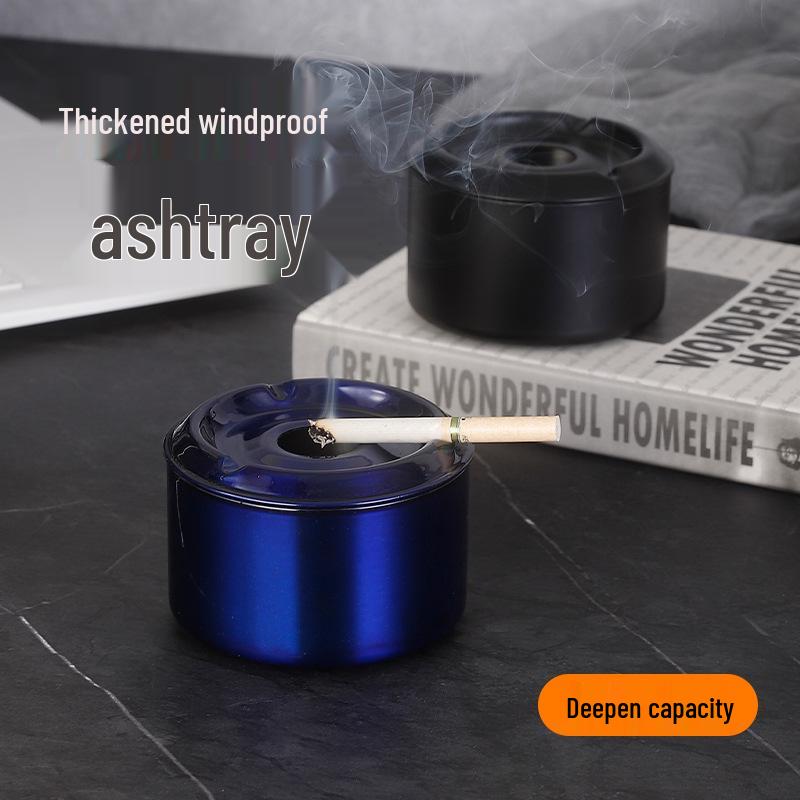 Lidded Stainless Steel Ashtray - Anti-Fly Ash Design for Home, Cafe, and Bar