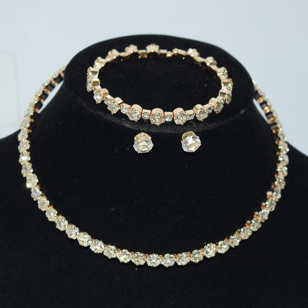 Gold & Silver Rhinestone Jewelry Set: Choker, Bracelet, Stud Earrings, & Necklace