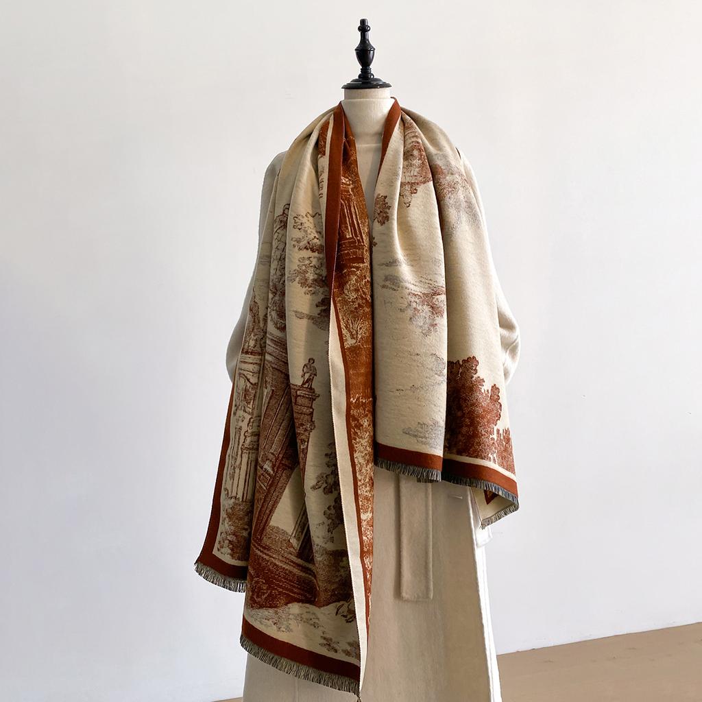 New Classical Architecture Style Cashmere Women Print Double-sided Scarf Winter Warm Shawl Pashmina Female Outdoor Scarves