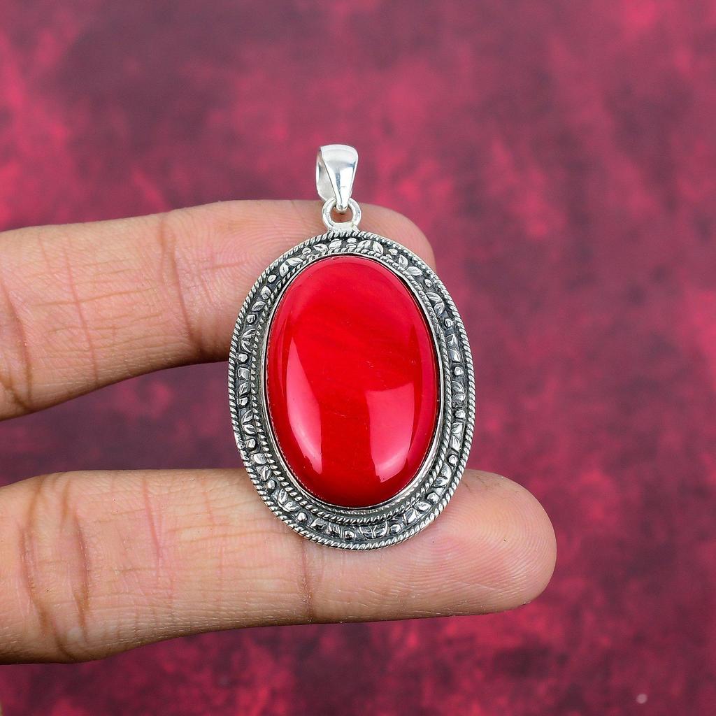 Red Coral Handmade Gemstone Pendant, 925 Solid Sterling Silver Pendant Antique Jewelry, For Engagement Gift