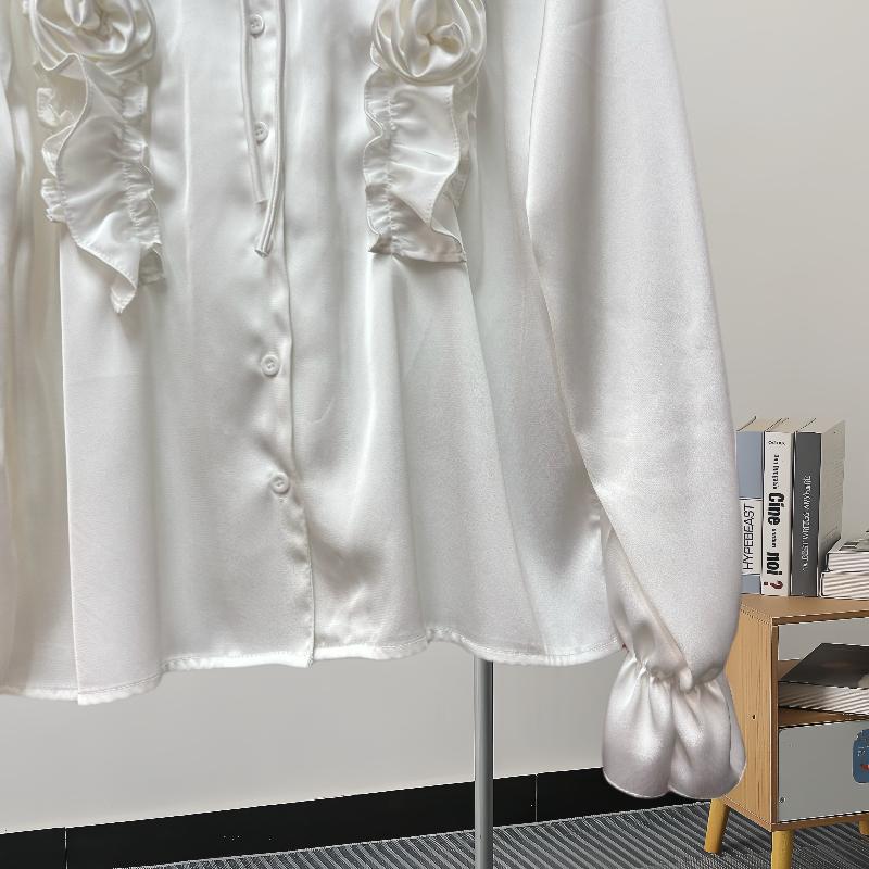 Fashion New Long Sleeve Loose Casual Shirt Women Elegant Solid Single Breasted Flowers Blouse Women Top Vintage Polo Collar Office Ladies Shirts 25807