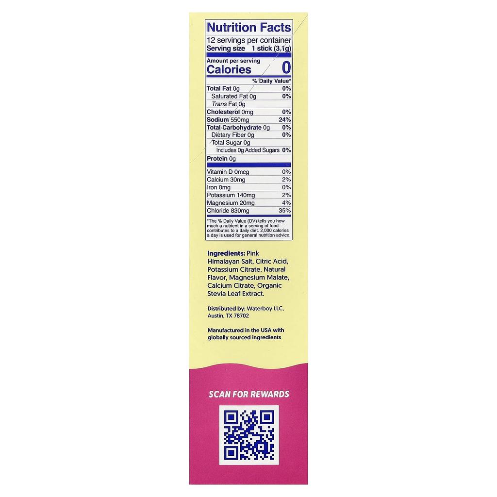 Waterboy, Daily Hydration, Electrolyte Drink Mix, Strawberry Lemonade, 12 Stick Packs, 3.1g (0.11oz) Each