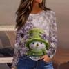 Women's Fashion Casual Slit Hem Round Neck Long Sleeve Loose Printed T-Shirt Ladies Top Christmas