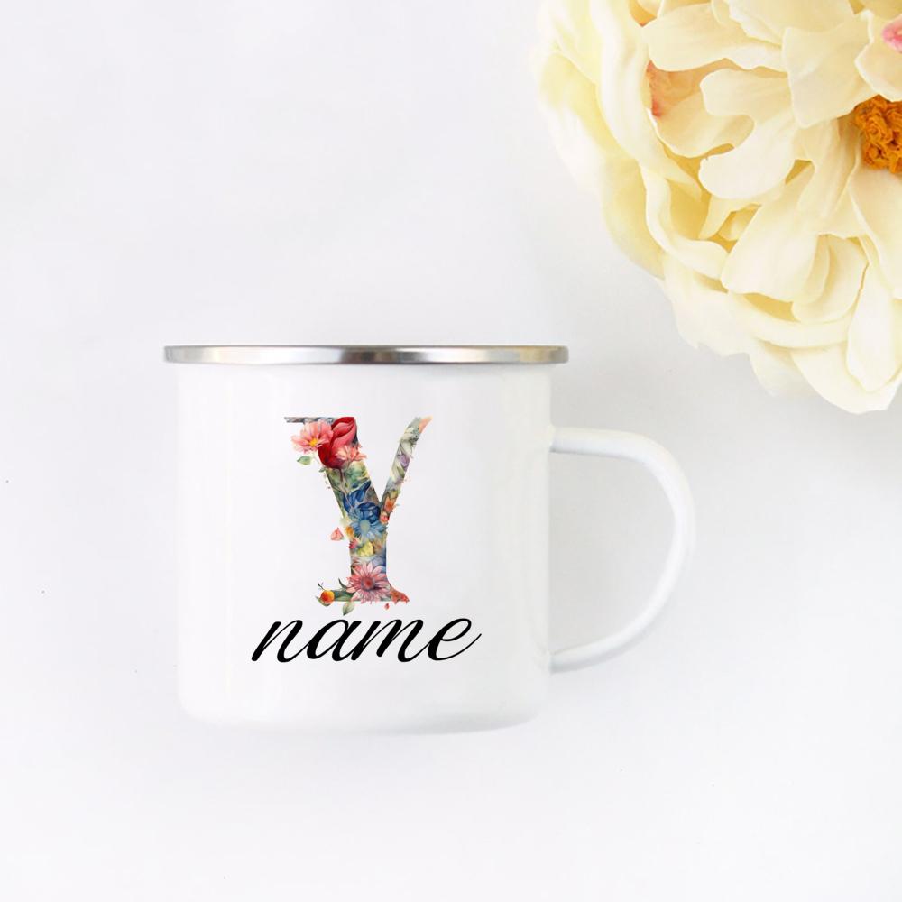 Personalisierte Blumige Initialen Namensbecher Benutzerdefinierter Name Tee Kaffee Heiße Schokolade Tasse Braut Brautjungfer Muttertag Geschenk für Sie