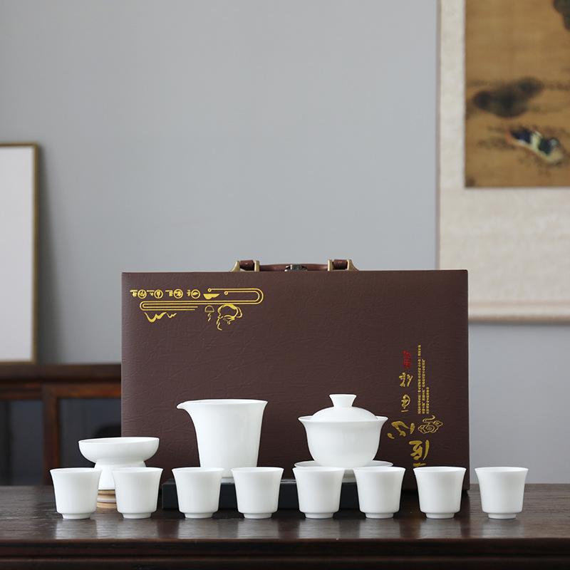 Ceramic suet jade porcelain kung fu tea set business company banking enterprise festival high-end gifts