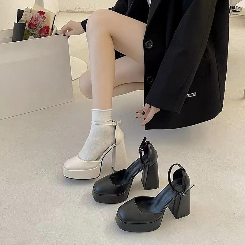 Zapatos Mary Jane para mujer, primavera Otoño, tacones gruesos, tacones altos, plataforma impermeable, zapatos de tacón huecos de lujo para mujer
