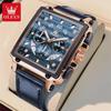 Top Brand Luxury Mens Watches Fashion Blue Square Quartz Watch for Men Sport Leather Strap Chronograph Wristwatches