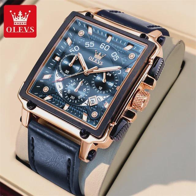 Top Brand Luxury Mens Watches Fashion Blue Square Quartz Watch for Men Sport Leather Strap Chronograph Wristwatches