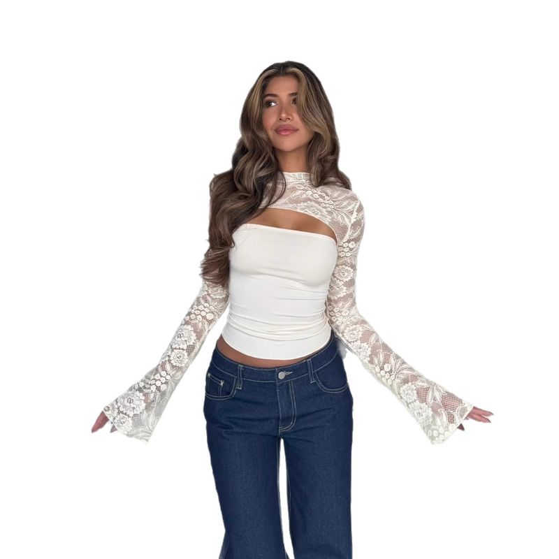 European and American Cross-Border Amazon New Sexy Lace Patchwork Hollow-Out Design Bell Sleeve Slimming T-Shirt Top White S
