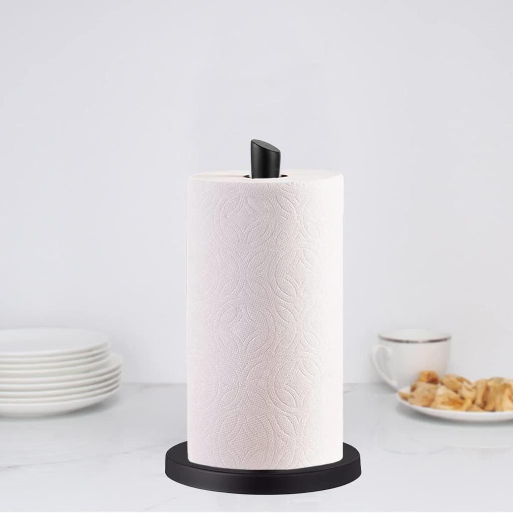Paper Towel Holder countertop, Free-Standing Kitchen roll Holder for Kitchen Bathroom, Black Paper Towel Holder Stand Dispenser with Stainless Base