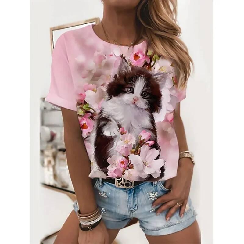 Sunflower and cat print fashionable women's oversized T-shirt