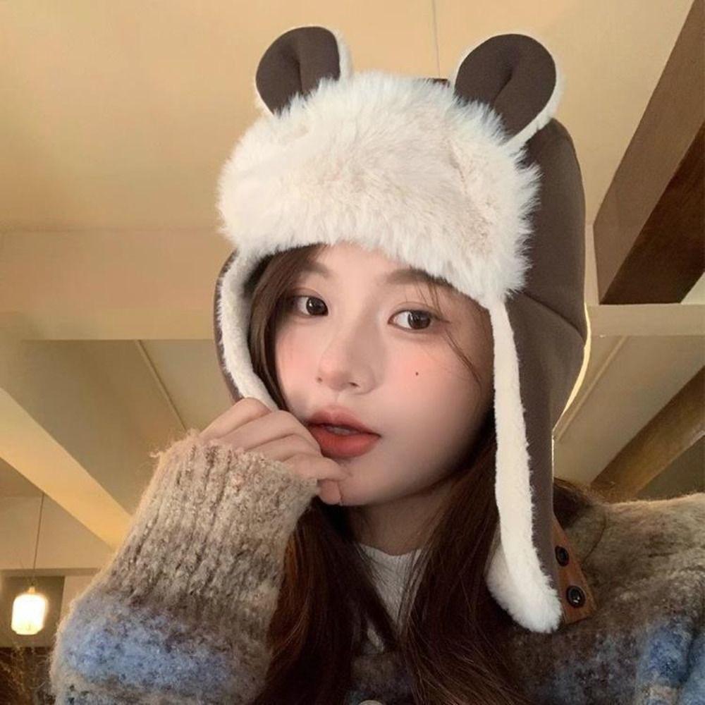 Plush Bear Ear Pilot Hat Winter Ear Protection Hat Outdoor Faux Fur Pilot Cap Unisex