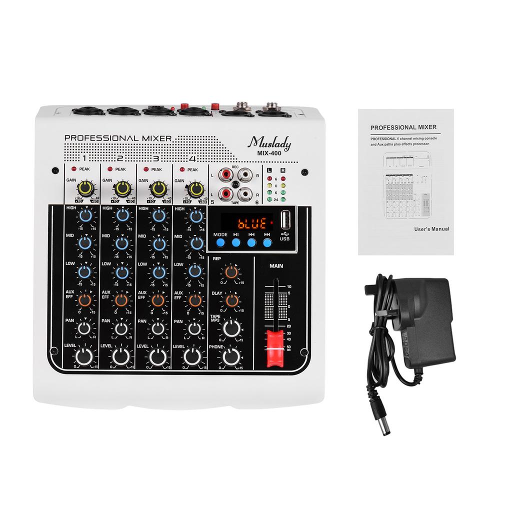 Muslady MIX-400 Professional 6-Channel Audio Mixer Mixing Console 3-Band EQ with Reverb Delay